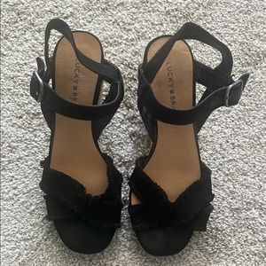Lucky Brand Black Open-Toe Wedges with Woven Straps